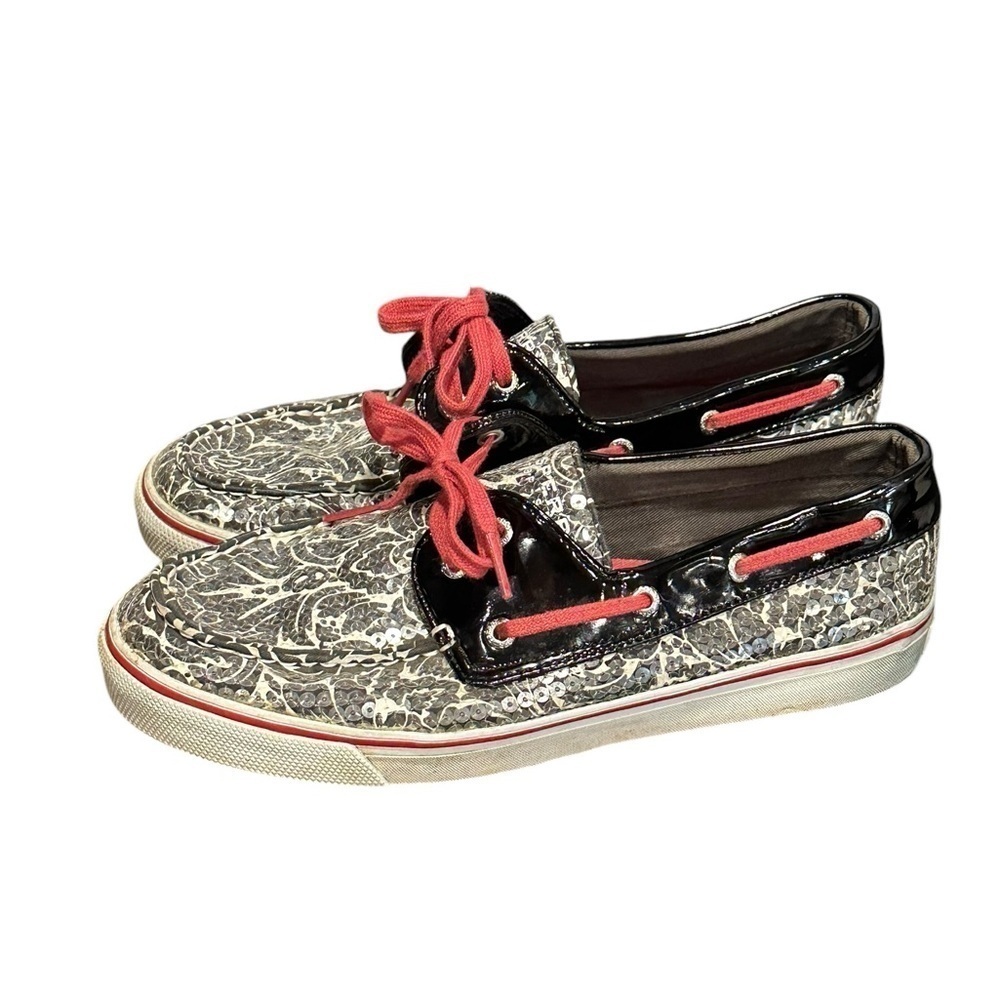 Sperry Top Sider Womens Shoes Sequin Lace Up Black White Pink Paisley Sz 8.5 M